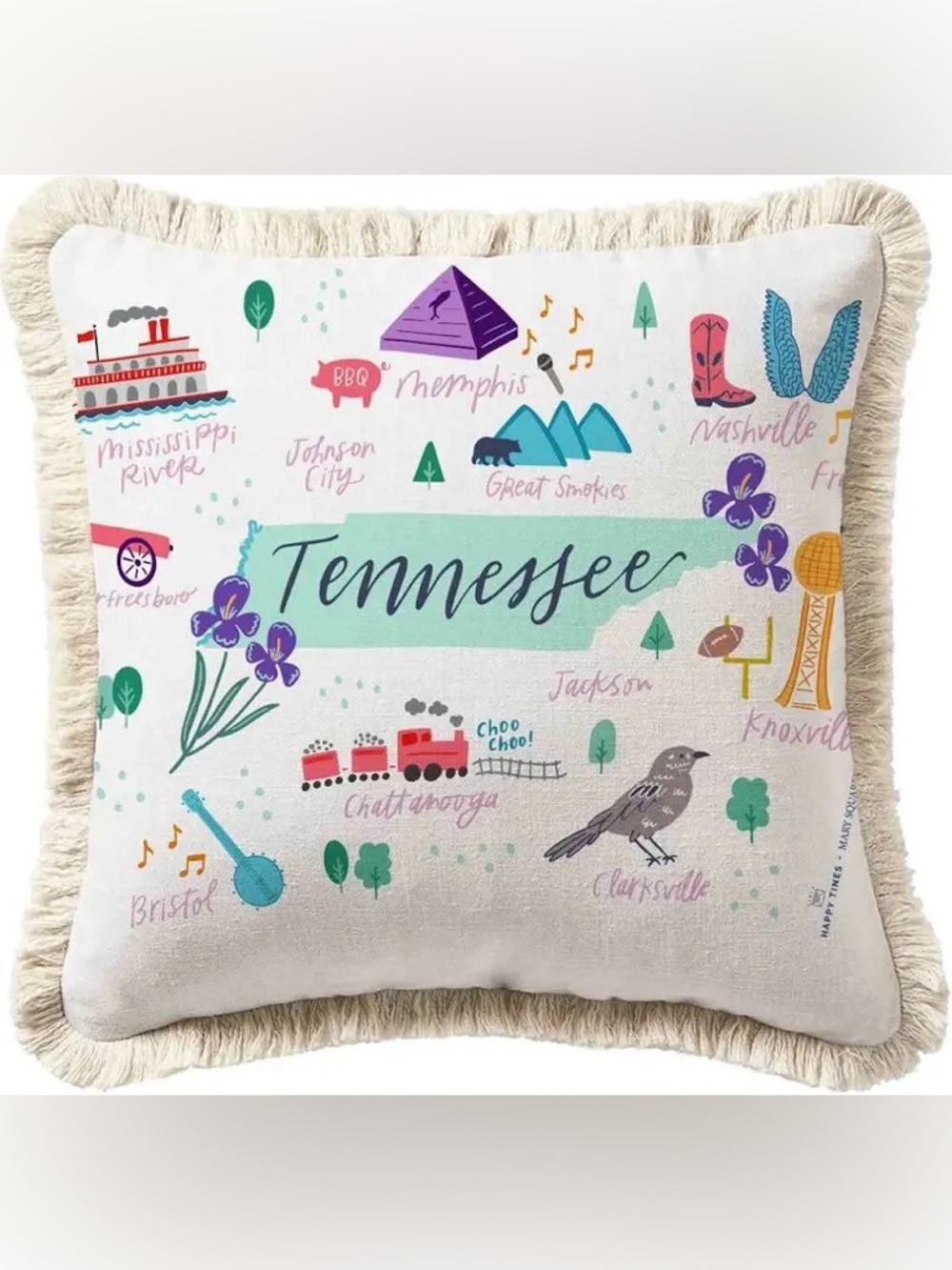 Mary Square Tennessee Decorative Throw Pillow - Cream with Fringe